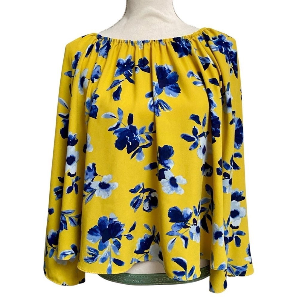 Elizabeth & James Floral Off Shoulder Blouse M Yellow Blue Bell Sleeve Boho Top - Picture 2 of 15